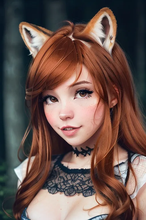 The image shows a young woman with long, wavy red hair and brown eyes. She has fox ears and a black choker with a white lace overlay. She is wearing a white dress with a sweetheart neckline and a black lace overlay. The background is a blurred forest scene.