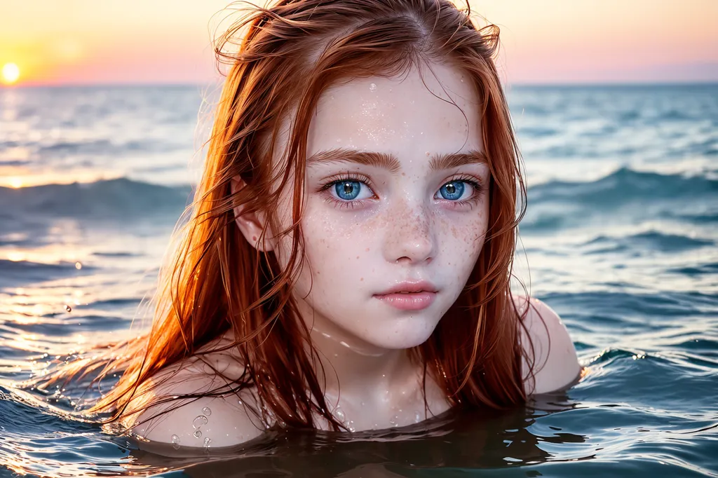 The image shows a young woman with long, red hair and blue eyes. She is standing in the ocean, and the water is up to her chest. She is looking at the camera with a serious expression. Her hair is wet and stringy, and her skin is pale and freckled. She is wearing a white swimsuit, and the straps are visible on her shoulders. The water is clear and blue, and the sun is setting in the background. The sky is a gradient of orange and yellow.