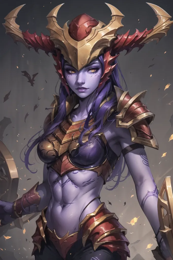 This is an image of a female warrior. She has purple skin and long purple hair. She is wearing a red and gold bikini top and a pair of red and gold boots. She is also wearing a helmet with two large horns. She is carrying a sword and a shield. She has a determined look on her face, and she is ready to fight.