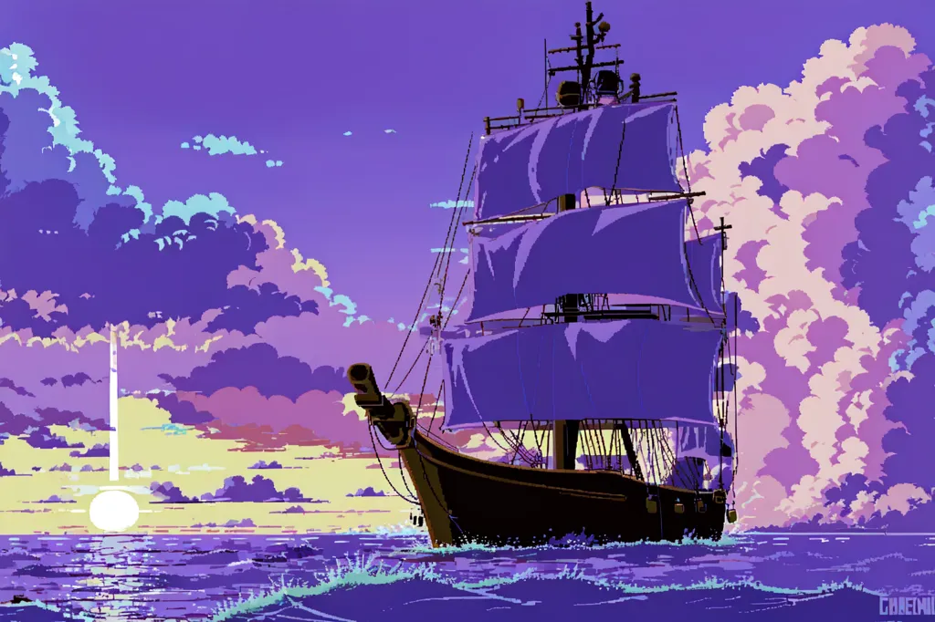 La imagen es un arte de píxeles de un barco navegando en un mar agitado. El barco es negro con velas moradas. El mar es morado y el cielo es azul oscuro con nubes moradas. El barco está siendo empujado por las olas. La imagen está en un estilo pixelado.