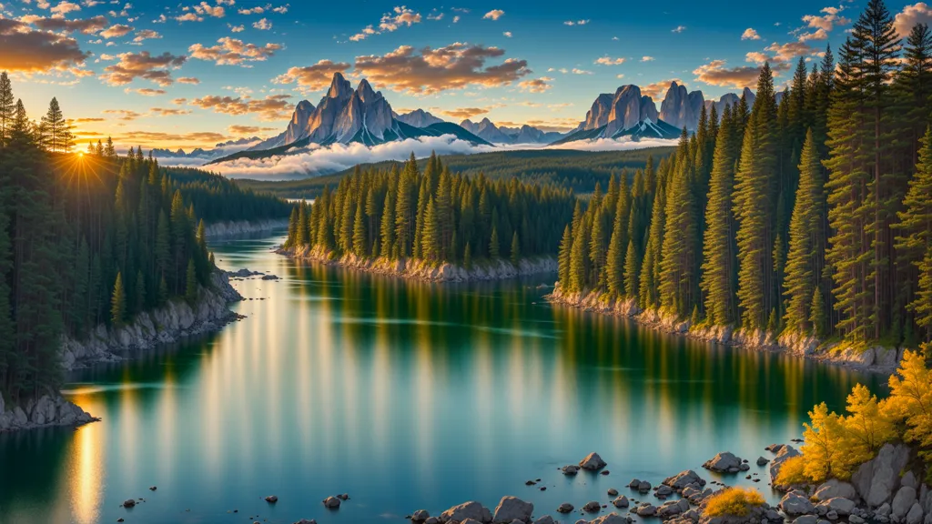 The image is a beautiful landscape of a lake and mountains. The sky is blue and cloudy, and the sun is shining brightly. The lake is surrounded by green and yellow trees. There are also some large rocks in the foreground. The mountains in the background are covered in snow. The image is very peaceful and serene.