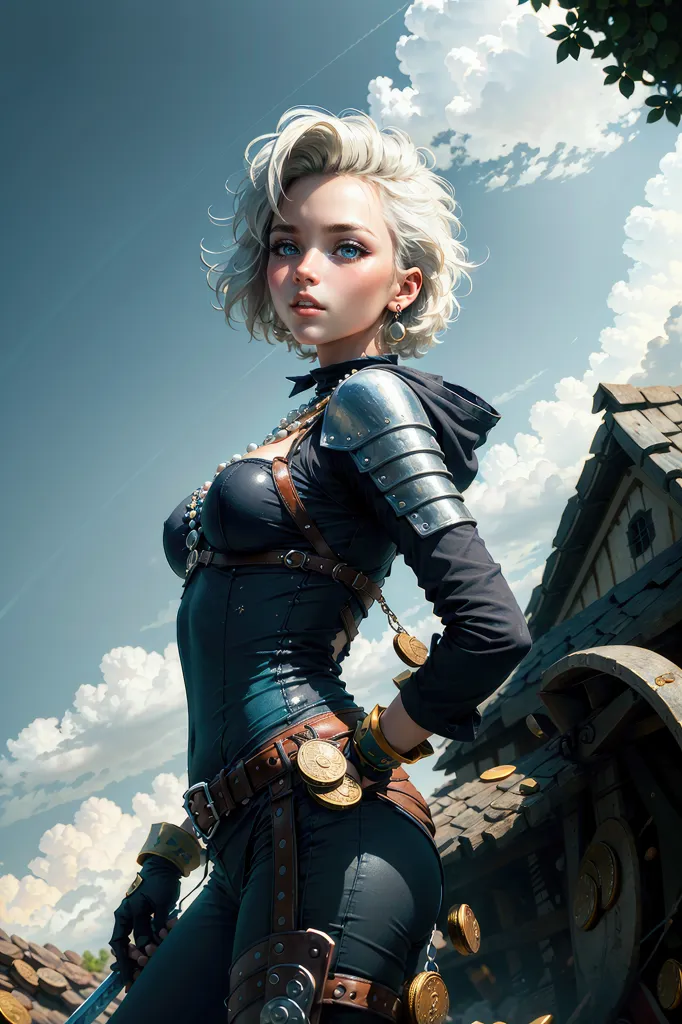 The image is of a young woman with short white hair and blue eyes. She is wearing a black leather corset with silver shoulder pads and a brown belt with a coin pouch attached to it. She is also wearing a black skirt and brown boots. She is standing in front of a wooden building with her hand on her hip and the other holding a sword. There are clouds in the background and a blue sky.