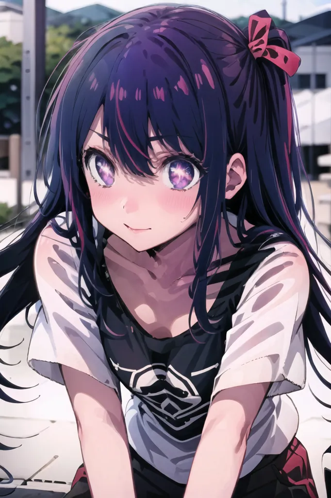 The image is a portrait of a young woman with long purple hair and purple eyes. She is wearing a white T-shirt and has a red bow in her hair. She has a shy smile on her face and is looking at the viewer. The background is blurred and is a light blue color.