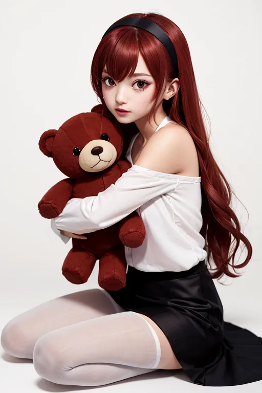 The image shows a young woman with long, red hair and brown eyes. She is wearing a white blouse, a black skirt, and a black headband. She is sitting on the ground with a teddy bear in her arms. The background is white. The woman's expression is soft and gentle. She seems to be lost in thought, or perhaps she is just enjoying the moment. The image is very well-lit and the colors are vibrant. The woman's skin is smooth and flawless, and her hair is silky and shiny. The teddy bear is soft and cuddly, and it looks like it would be a great comfort to the woman. The image is very peaceful and calming, and it evokes a feeling of nostalgia.