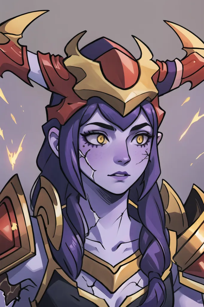 The picture shows a female with purple skin, mid-length purple hair, and yellow eyes. She is wearing a golden and red armor with a red cape. She has two horns protruding from her head and a stern facial expression.