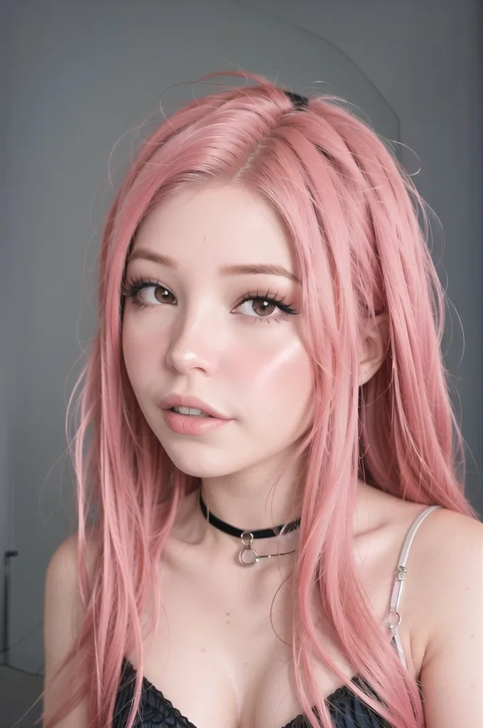 The image shows a young woman with pink hair and brown eyes. She is wearing a black choker with a silver ring and a black camisole. Her hair is long and slightly wavy, and she has a soft smile on her face. She is looking at the camera with her head tilted slightly to the right. The background is a pale gray.