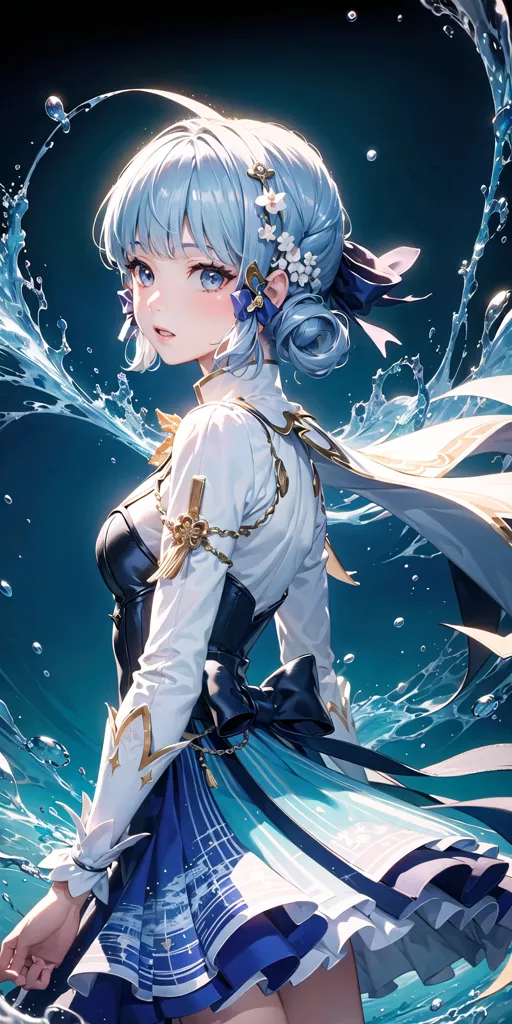 The picture shows a young woman with blue hair and blue eyes. She is wearing a white and blue dress with a blue ribbon in her hair. She is standing in front of a dark blue background with water splashes around her.