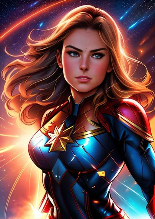 This is an image of Carol Danvers, also known as Captain Marvel. She is a superhero appearing in American comic books published by Marvel Comics. The image is a digital painting, and it shows Carol Danvers in her classic costume. She is standing with her arms crossed, and she has a confident expression on her face. She is surrounded by a red and blue background, and there are stars in the background.