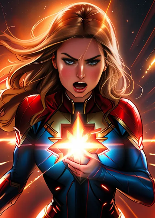 This is an image of Carol Danvers, also known as Captain Marvel. She is a superhero appearing in American comic books published by Marvel Comics. The image is a digital painting, and it shows Carol Danvers in her superhero costume. She is standing with her arms outstretched, and she is surrounded by a bright light. Her hair is long and flowing, and her eyes are glowing. She is wearing a blue and red suit, and she has a star on her chest. The background is a dark color with bright lights.