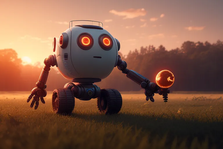 The image shows a small white robot standing on a green field at sunset. The robot has a round head with two orange eyes and a small body with four wheels. It is holding a glowing orange ball in its right hand. The sun is setting in the background, casting a warm glow over the scene. The sky is orange and the clouds are light grey. There are some trees in the distance. The robot is looking at the ball in its hand.