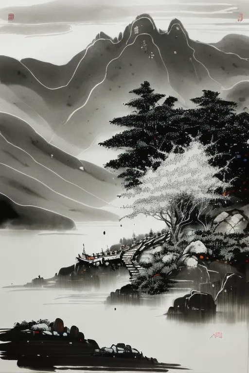 The image is a black and white painting of a lake and mountains in the style of Chinese ink painting. The mountains are in the background and are covered in mist. The lake is in the foreground and is surrounded by trees. There is a small boat on the lake. The painting is done in shades of grey and black with a few pops of red.