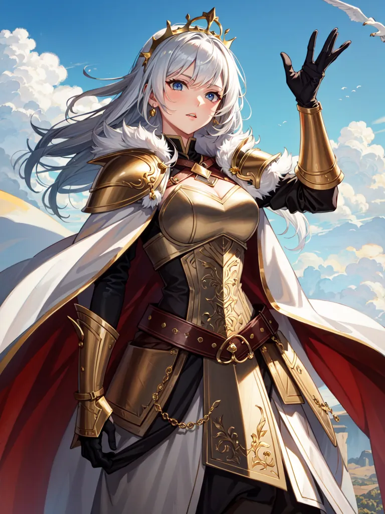 The image shows a young woman with long white hair and blue eyes. She is wearing a golden and black armor and a white cape. She is standing in a confident pose, with one hand raised in the air. The background is a blue sky with white clouds.