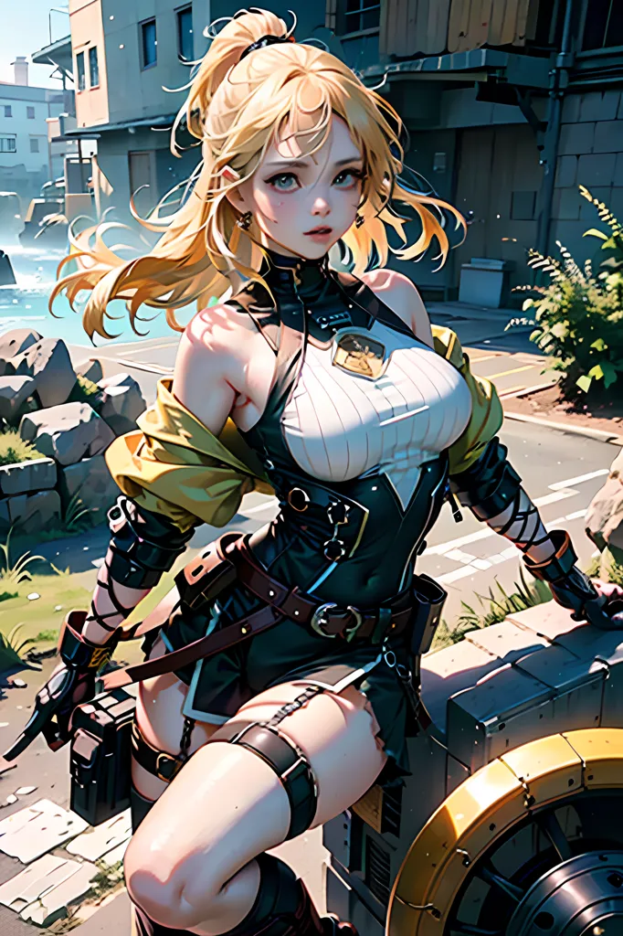 The image is of a young woman with blonde hair and blue eyes. She is wearing a white and black outfit with a yellow jacket. She is also wearing a lot of belts and straps. She is sitting on a large yellow object that looks like a machine. There are buildings in the background. The image is drawn in a realistic style and the colors are vibrant.