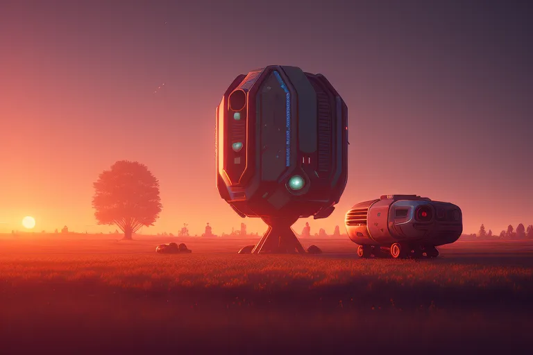 The image is set on a distant planet with two vehicles. The larger vehicle is a domed structure with a blue light on the front and a green light on the back. It is surrounded by a rocky field with sparse grass. There is a smaller vehicle to the right of the larger vehicle. It has four wheels and a red light on the front. The sky is orange and there is a large tree in the background.