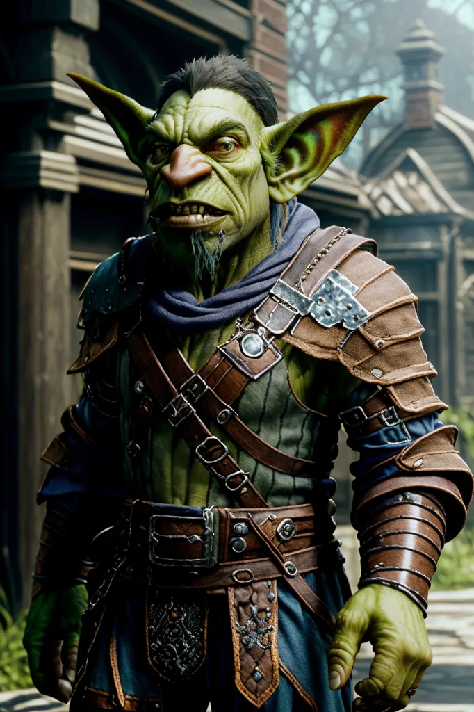 The image is a 3D rendering of a green goblin. The goblin is wearing a brown leather jerkin with metal buckles and shoulder pads. He has a green shirt on underneath the jerkin. He is also wearing brown leather boots and gloves. The goblin has a large nose and pointed ears. His teeth are sharp and his eyes are yellow. He is standing in a medieval-style town. There are buildings with wooden beams and stone walls in the background. The goblin is looking at the viewer with a snarl on his face.