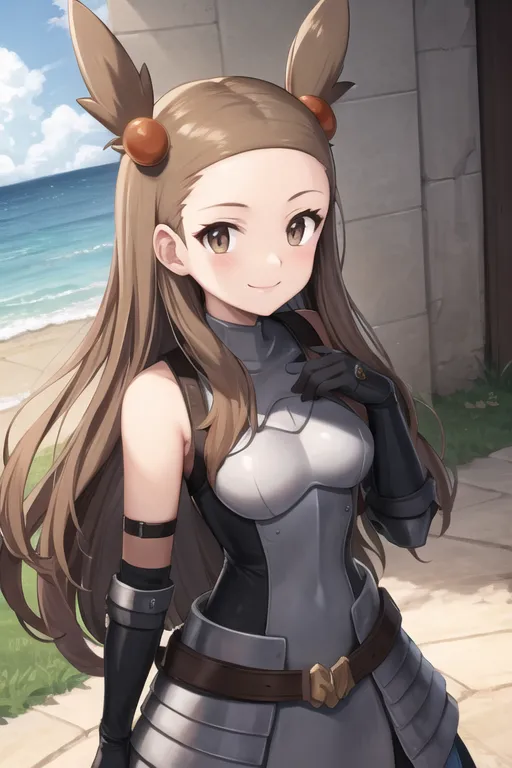 This image shows a young woman with long brown hair and brown eyes. She is wearing a gray and brown outfit that looks like armor. She is smiling and has a happy expression on her face. She is standing in front of a stone building with a beach and the ocean in the background.