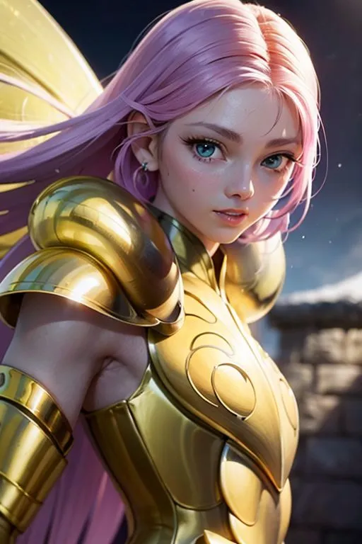 The image shows a young woman with pink hair and blue eyes. She is wearing a golden armor and has a serious expression on her face. She is standing in a fighting stance, ready to attack. The background is a blur of blue and purple, with a few stars in the distance.