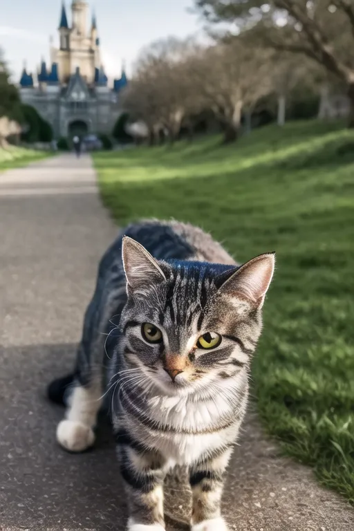 Um gato cinza e branco está agachado no passeio em frente a um castelo. O gato tem olhos amarelo-esverdeados e está olhando para a câmera. O castelo está ao fundo e é feito de pedra cinza com torres azuis. Há árvores e grama de ambos os lados do caminho que leva ao castelo.