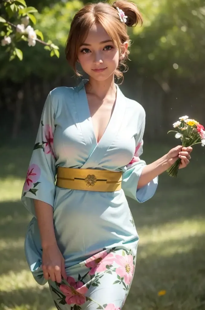 The image shows a young woman wearing a blue kimono with a floral pattern. The kimono is tied with a yellow obi sash. She has her hair in two buns and is wearing light makeup. She is standing in a garden, holding a bouquet of flowers. The background is blurred, but it looks like there are trees and flowers in the background. The woman is smiling and looks happy.