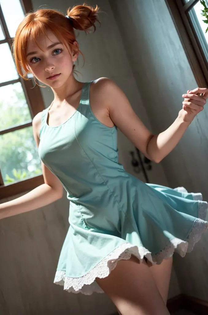 The image shows a young woman with red hair and blue eyes. She is wearing a blue dress with a white collar. The dress is short and flared, and it has a lace hem. The woman is standing in front of a window, and the light from the window is shining on her hair and skin. She has a confident expression on her face, and she is looking at the viewer with her head tilted slightly to one side.