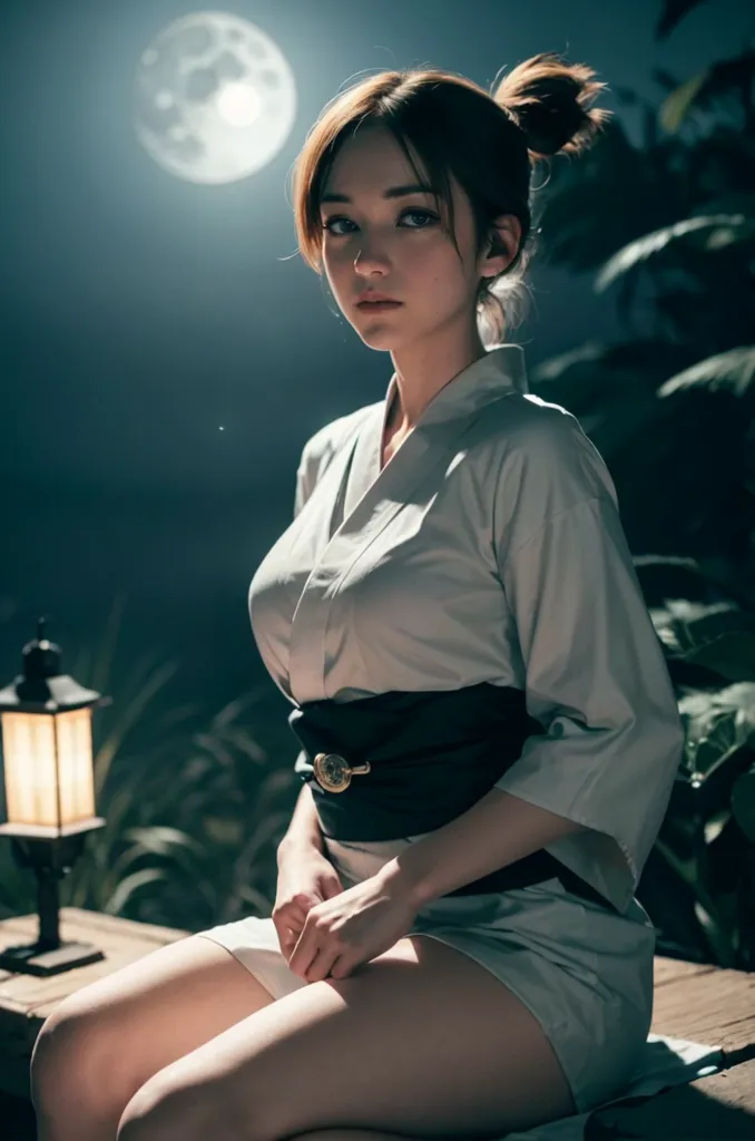 La imagen es un retrato de una mujer joven con un kimono. Está sentada en un banco en un jardín, con una luna llena de fondo. Lleva un kimono blanco con un obi negro y tiene el cabello recogido en un moño. Mira al espectador con una expresión seria. La imagen es realista y tiene una calidad pictórica.