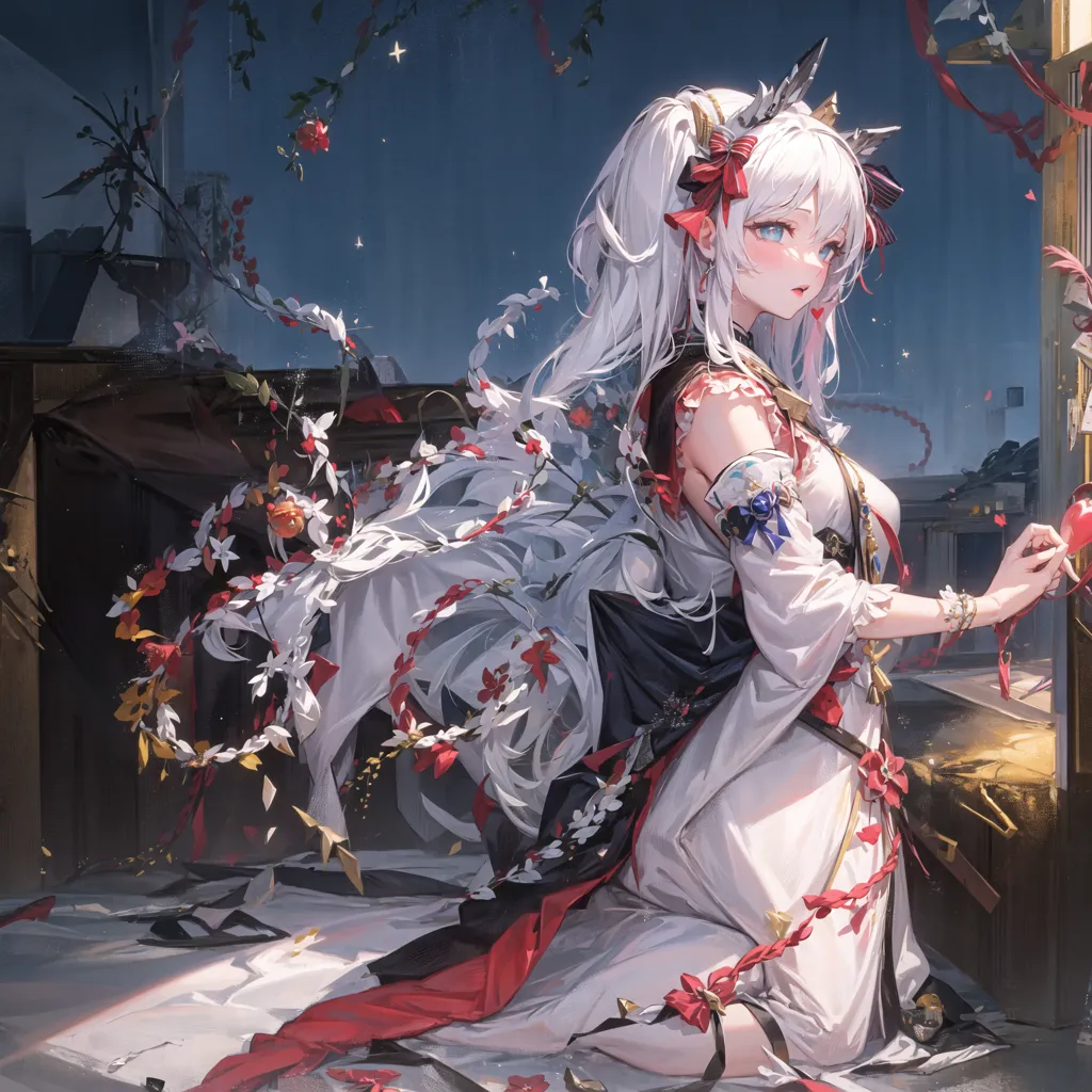 The image is of a beautiful anime girl with long white hair and red eyes. She is wearing a white and red dress with a long white cape. There are red and white flowers in her hair and around her. She is kneeling on the ground with one hand on the ground and the other holding a red heart. There is a blue curtain in the background.