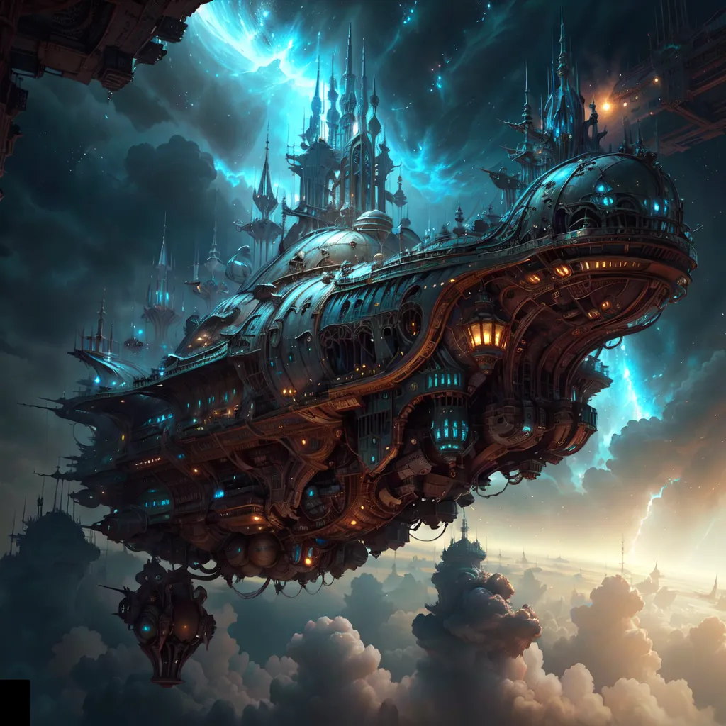 The image shows a large, steampunk-style airship. The airship is made of metal and has a long, cigar-shaped body. It is decorated with intricate carvings and has several large engines on its sides. The airship is flying through a dark, cloudy sky and is surrounded by lightning. In the background, there are several other airships flying in the distance.