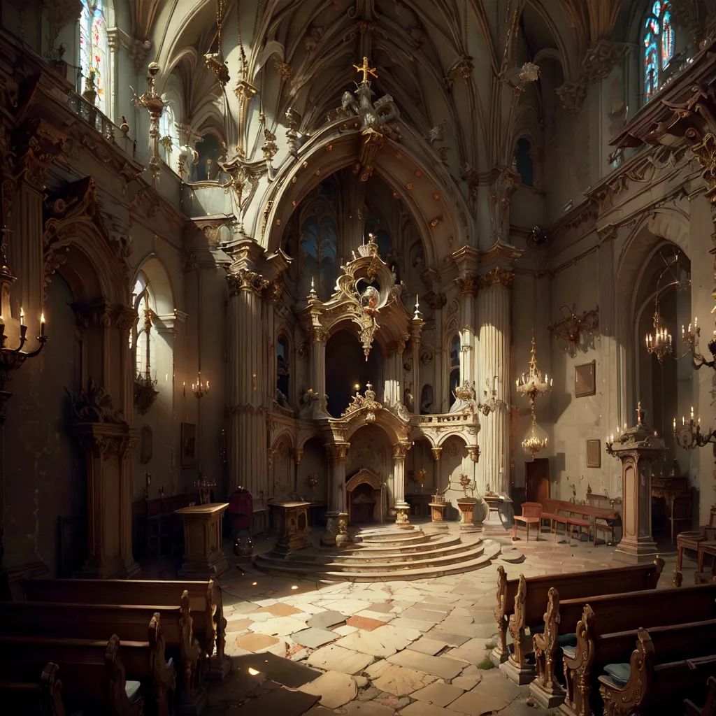 The image is of the interior of a grand cathedral. The architecture is Gothic, with ribbed vaults, pointed arches, and flying buttresses. The walls are lined with ornate carvings and statues. The floor is covered in rich tapestries. The altar is made of marble and gold, and it is surrounded by elaborate candlesticks. The stained glass windows depict scenes from the Bible.