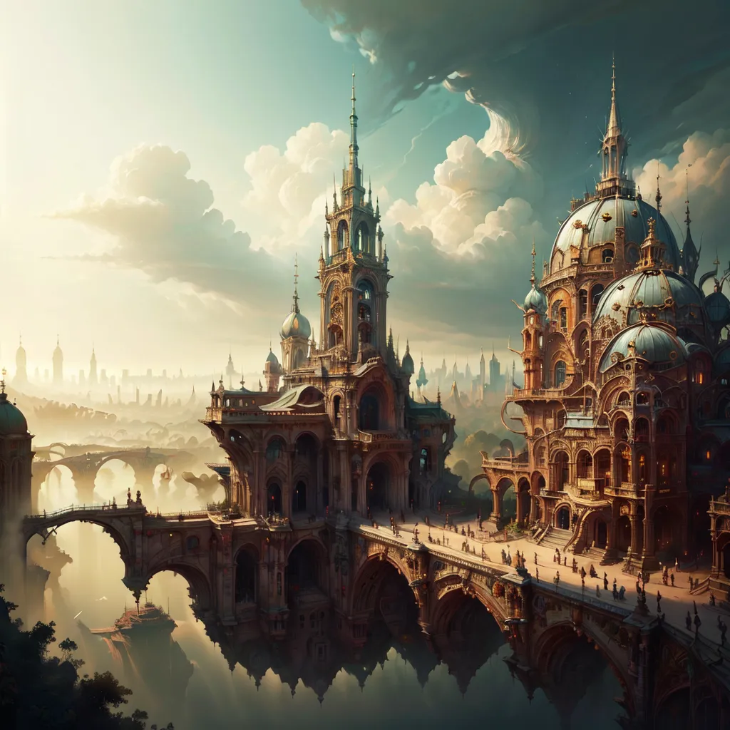 The image is a fantasy painting of a city built on a series of bridges and platforms above a river. The city is made up of a variety of buildings, including towers, cathedrals, and palaces. The buildings are all made of stone and have a medieval European architectural style. The city is surrounded by a wall and there are several bridges leading to the city. The sky is blue and there are some clouds in the distance. The painting is very detailed and realistic.