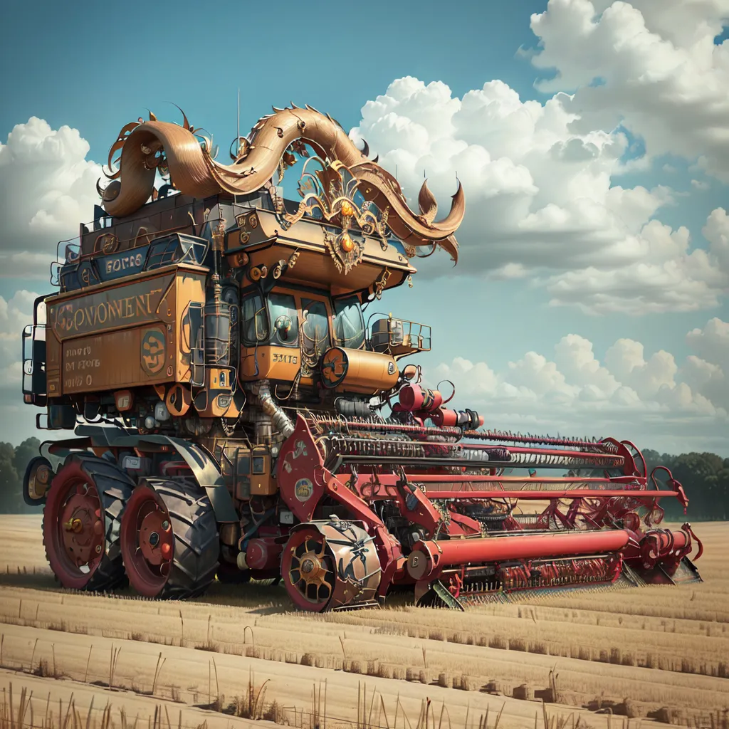 The image shows a steampunk combine harvester. It is a large, complex machine with a lot of gears, pipes, and other mechanical parts. The combine harvester is powered by a steam engine, and it has a large hopper on the back for holding the harvested grain. The combine harvester is decorated with intricate carvings and paintings, and it has a dragon's head on the front. The combine harvester is surrounded by a field of wheat, and there are trees and clouds in the background.