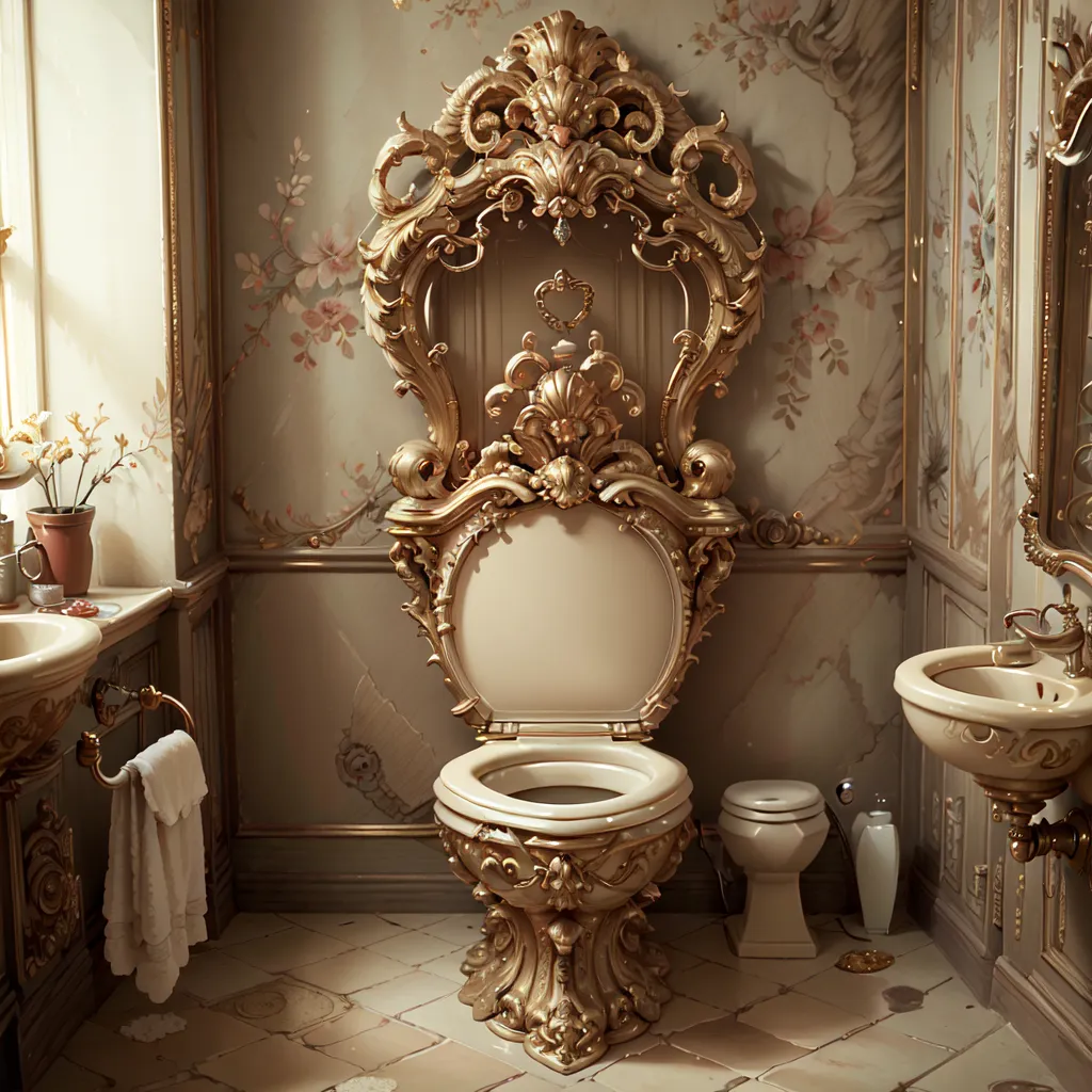 L'image montre une salle de bain avec des toilettes, deux lavabos et un bidet. Les toilettes sont en or et ont un design orné. Les murs sont recouverts d'un papier peint à motifs floraux et le sol est carrelé. Il y a un miroir au-dessus du lavabo et un porte-serviettes au mur. La salle de bain est décorée dans un style rococo.