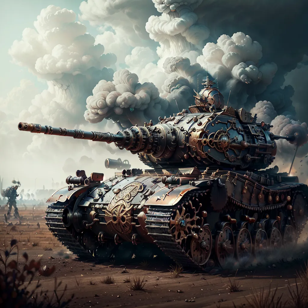 The image shows a steampunk tank. It is made of metal and has a large cannon on its front. The tank is also covered in gears and other mechanical devices. There are several explosions in the background.