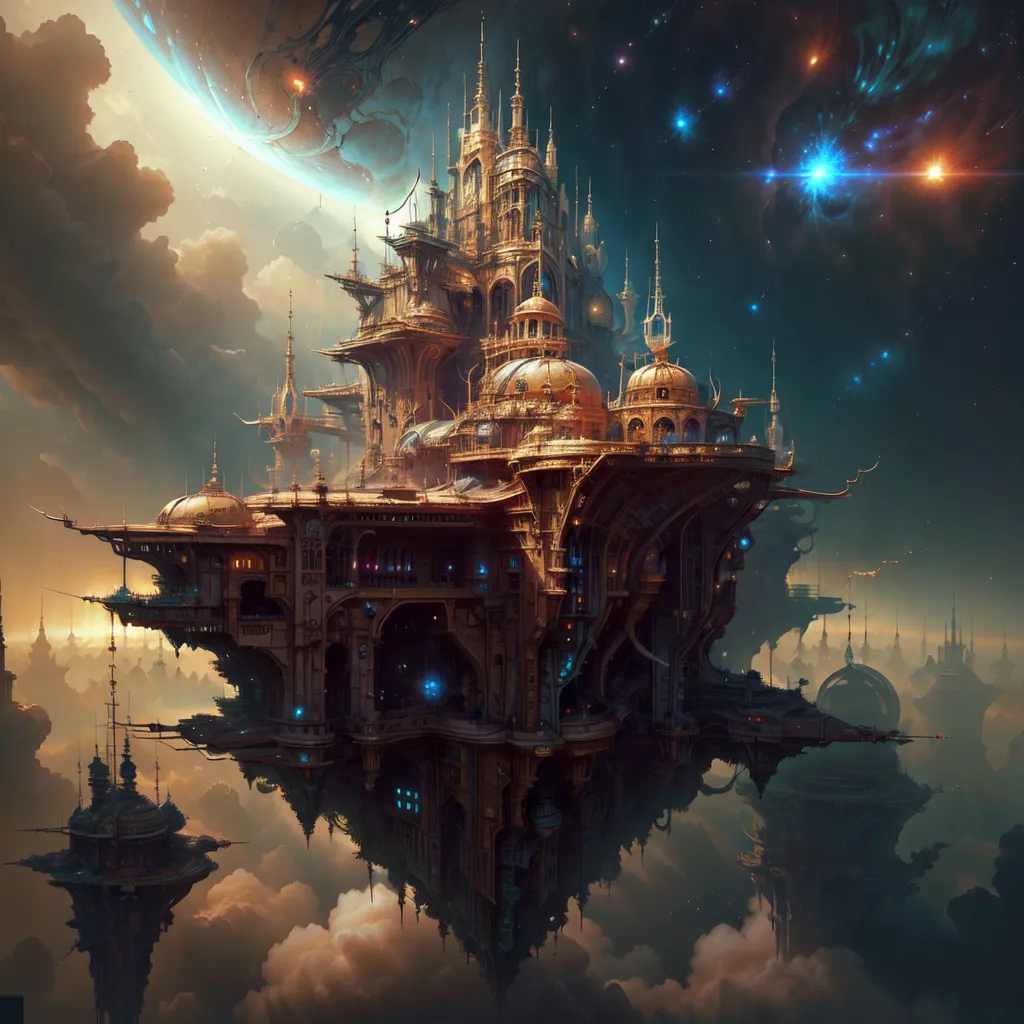 The image shows a large, golden city floating in the sky. The city is made up of many different buildings, all of which are connected by bridges and walkways. There are also a number of large towers and spires, as well as a few trees and other plants. The city is surrounded by a thick layer of clouds, and there are a number of stars and planets visible in the background.