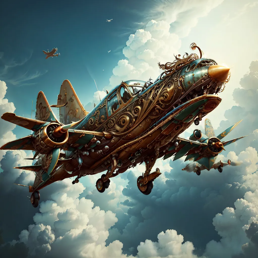 The image shows a steampunk airplane flying in the clouds. The airplane is made of metal and has a lot of gears and other mechanical parts exposed. There is a woman with long blond hair standing on the right wing of the plane. She is wearing a long dress. The background is a blue sky with white clouds. There are two other steampunk planes in the distance.