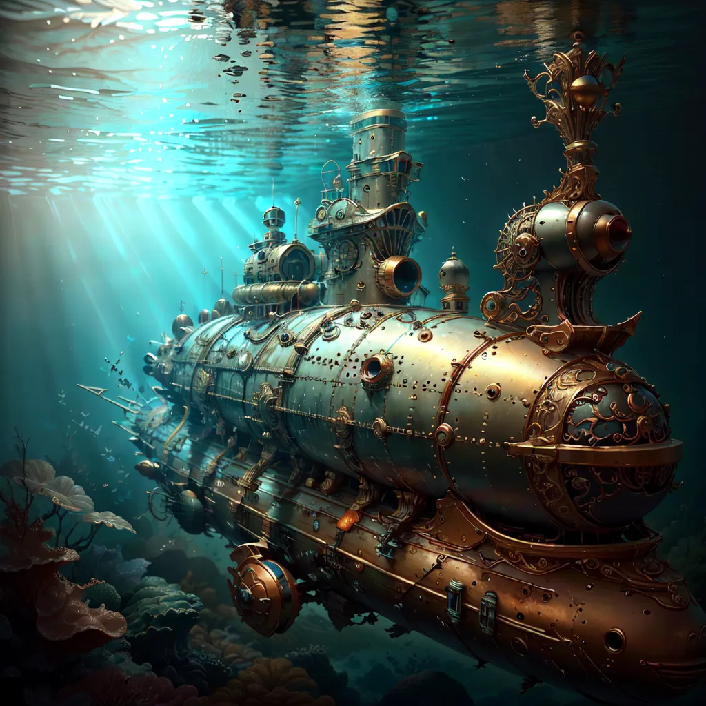 The image is a steampunk submarine. It is made of metal and has a lot of gears and rivets. The submarine is also decorated with gold and has a large propeller at the back. It is moving through a coral reef.