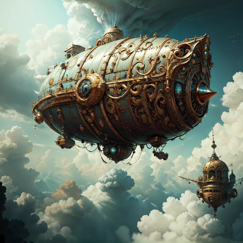 The image shows two steampunk airships flying in the sky. The airships are both made of metal and have intricate designs. One airship is larger than the other. The larger airship has a long, cigar-shaped body with a large propeller at the back. It also has a number of smaller propellers on the sides. The smaller airship has a more rounded body and a single propeller at the back. Both airships have a number of portholes and other details. The sky is cloudy and there are some clouds in the background.