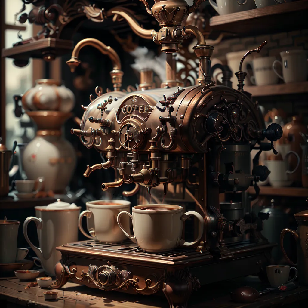 The image shows a steampunk-style coffee machine. It is made of brass and has a large boiler on top. There are two cups under the spouts, and the machine is surrounded by other coffee-making implements. The background is a dark wood wall with shelves lined with coffee cups and saucers.