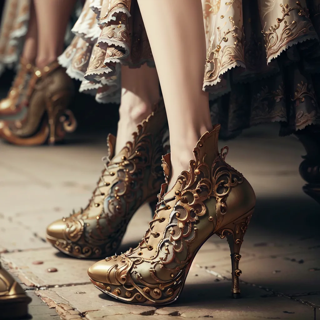 The image shows a pair of golden shoes with intricate designs. The shoes are made of metal and have a high heel. The shoes are decorated with filigree and have a floral pattern. The shoes are being worn by a woman who is wearing a long dress. The woman is sitting on a bench and her feet are crossed at the ankles. The background of the image is blurry and looks like a wall.