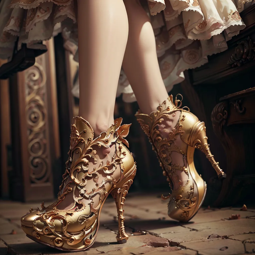 The picture shows a pair of golden shoes with heels. The shoes are made of metal and are decorated with intricate designs. The design resembles leaves and branches. The shoes are being worn by a woman who is wearing a long white dress. The woman is standing on a stone floor.