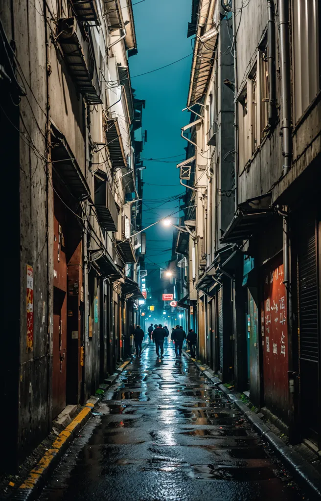 The image is a long, narrow alleyway in a city. It is night and the street is lit by a few dim lights. The alleyway is lined with tall buildings, most of which are in disrepair. The street is wet from the rain and there are puddles of water on the ground. A group of people is walking down the alleyway. They are all wearing coats and hats, and they look like they are in a hurry.