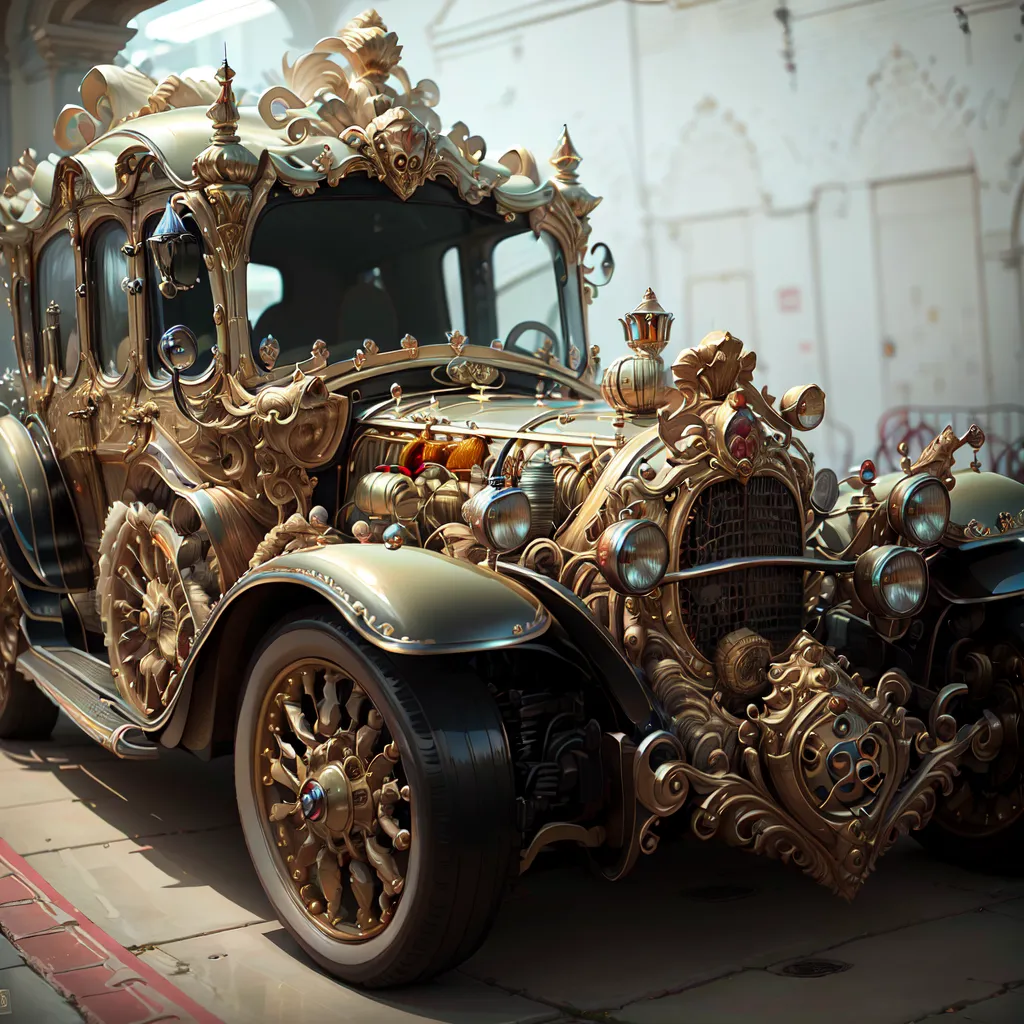 The image shows a gold and black steampunk car. It is a large, ornate vehicle with a long hood and a high roof. The car is covered in intricate carvings and decorations, including skulls, gears, and filigree. It has four large wheels with gold spokes and a golden grill on the front. The car is also equipped with a variety of steampunk accessories, including a clock, a barometer, and a compass.