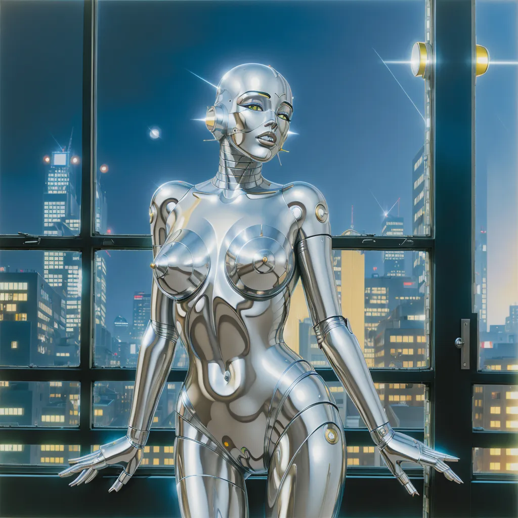 The image is of a beautiful woman with silver metallic skin. She is standing in front of a window, looking out at a city skyline. The city is full of tall buildings and lights. The woman is wearing a metallic bikini. Her hair is long and black. Her eyes are blue and her lips are red. Her skin is smooth and flawless. She is standing with her hands on the window frame. She is looking at the city with a thoughtful expression. The image is a digital painting. It is done in a realistic style. The colors are vibrant and the details are sharp. The image is a beautiful and thought-provoking depiction of a woman who is both human and machine.