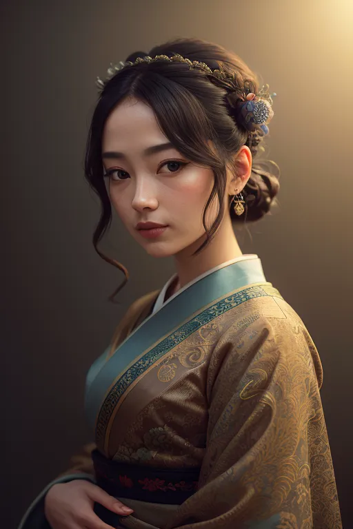 The image shows a young woman with long black hair and brown eyes. She is wearing a traditional Chinese dress called a hanfu. The dress is gold with blue and red accents. She is also wearing a hairpiece with blue and white flowers. The background is a dark brown. The woman is looking at the viewer with a serious expression.