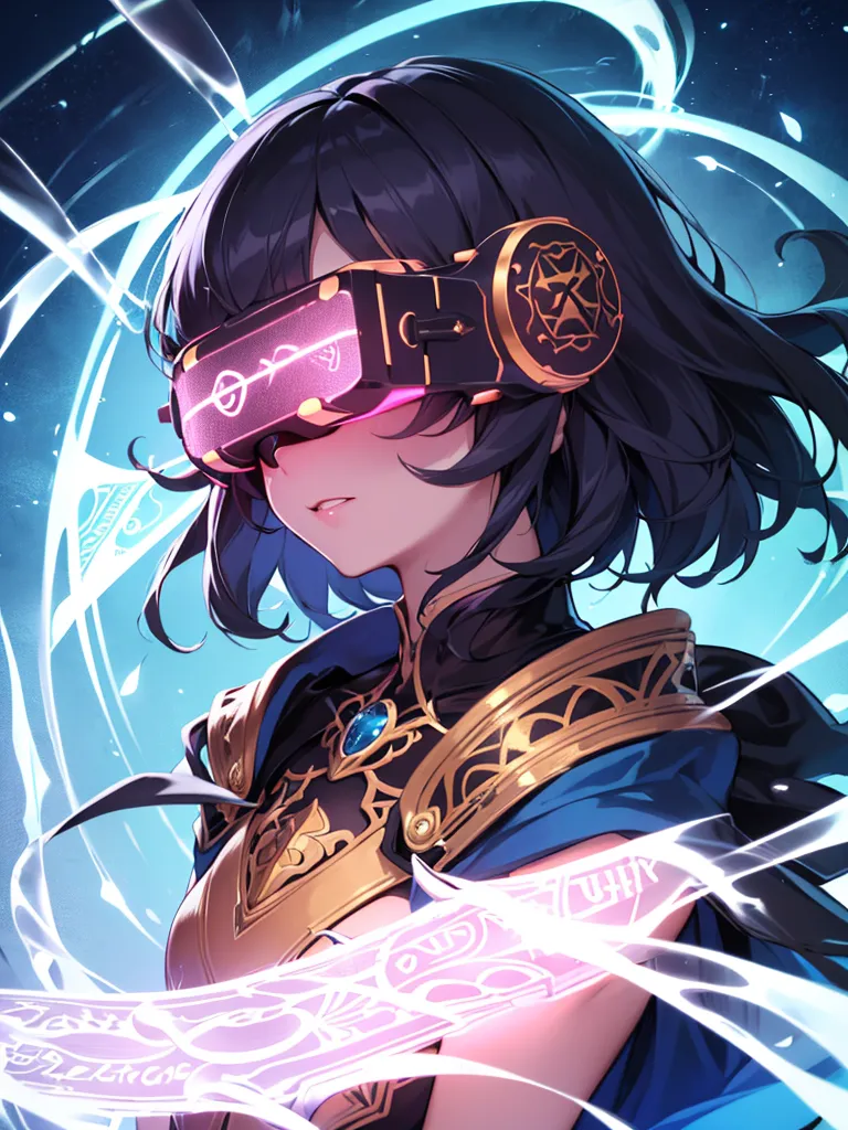 The image is of a young woman with short black hair and blue eyes. She is wearing a blue and gold outfit and a pair of virtual reality goggles. She is standing in a dark blue background with bright blue lights surrounding her.