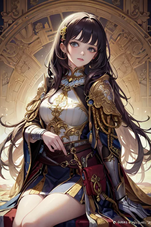 The image shows a young woman with long brown hair and blue eyes. She is wearing a white and gold ornate armor with a blue sash. She is also wearing a brown belt with a gold buckle and a red and gold bag is hanging from it. She is sitting on a golden throne with her right hand resting on her lap and the other hand is holding the red bag. She has a confident expression on her face.