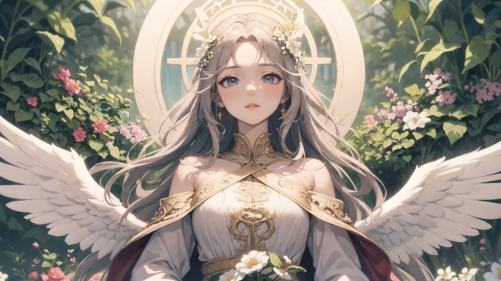 The image is of a beautiful anime girl with long silver hair and blue eyes. She is wearing a white dress with gold trim and has a white cape with a red interior. She is also wearing a crown of white flowers and has a pair of white wings. She is sitting in a garden with green plants and pink flowers. There is a stone structure with a circle and a cross behind her.