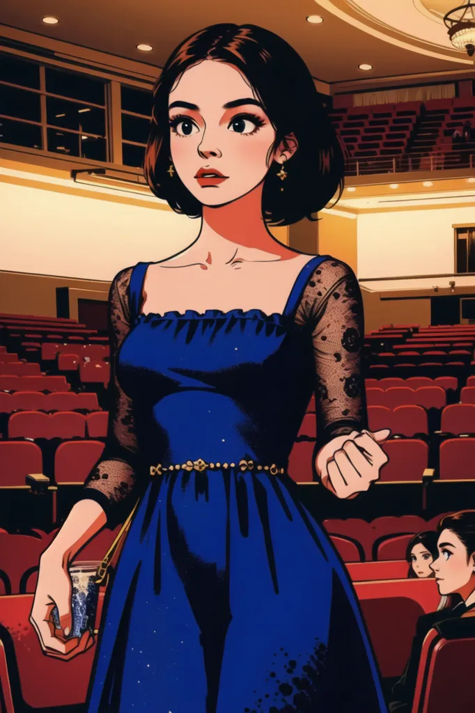 Voici une illustration d'une jeune femme debout dans un auditorium avec des sièges en velours rouge. Elle porte une robe bleue avec un décolleté en cœur et des manches en dentelle noire. Elle a un petit sac à main dans la main. La femme a les cheveux bruns et les yeux bruns. Elle regarde le spectateur avec une expression légèrement surprise.