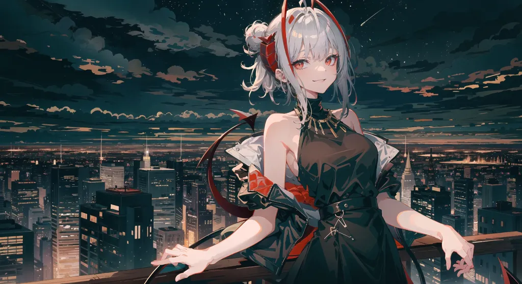 The image is a painting of a young woman with white hair and red eyes. She is wearing a black dress with a red tie. She is standing on a rooftop in a city. The city is in the background and is out of focus. The woman is looking at the viewer with a smile on her face.