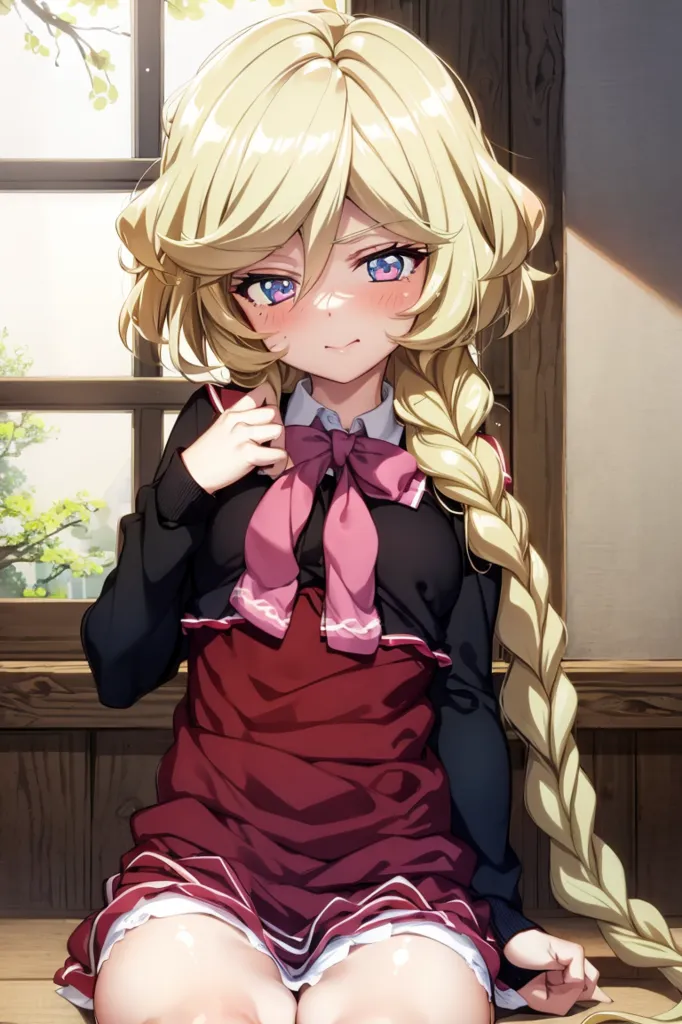 The image shows a young girl with long blonde hair and purple eyes. She is wearing a black and red dress with a white collar. The girl is sitting on a bench in front of a window. There is a tree outside the window. The girl has a shy expression on her face and is looking at the viewer.