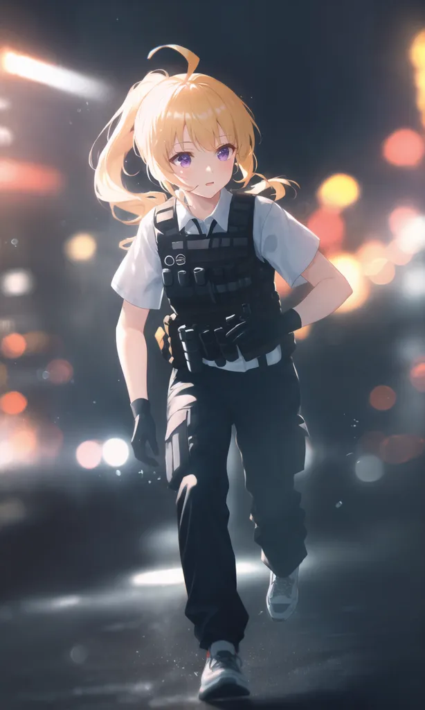 This is an image of a young woman with blonde hair and purple eyes. She is wearing a white shirt, black vest, and black pants. She is also wearing a utility belt and a pair of gloves. She is running towards the viewer with a determined expression on her face. The background is blurred and consists of city lights.